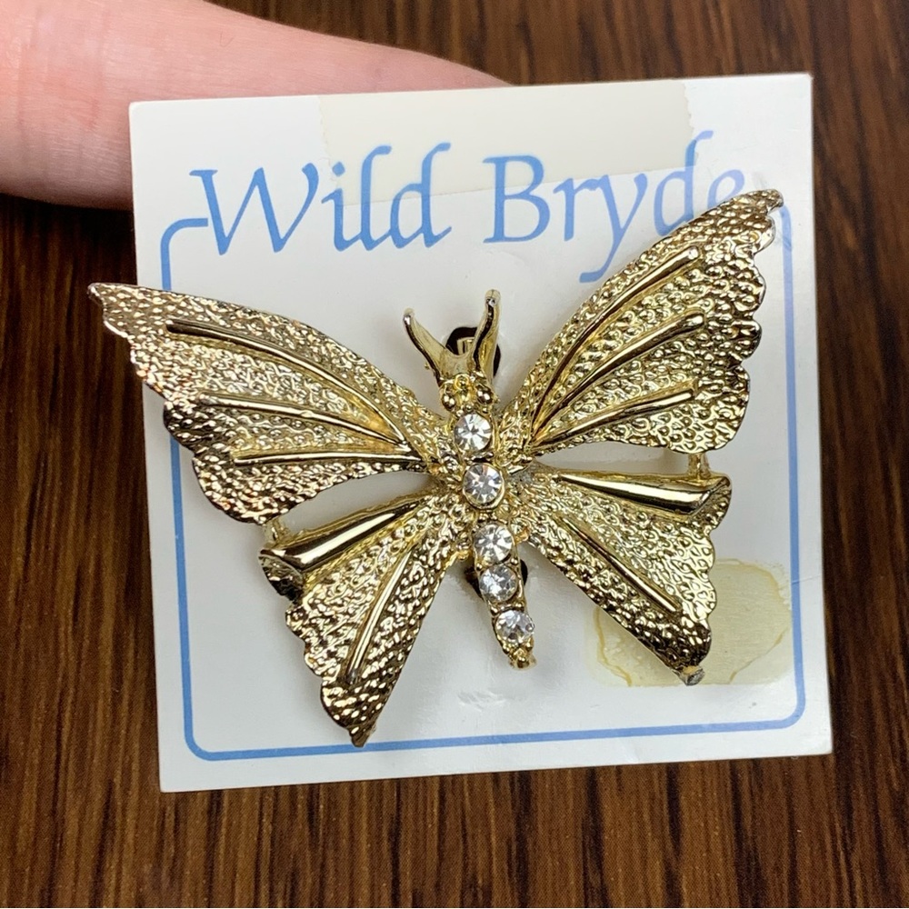 Vintage Gold Color Butterfly Brooch Pin w/ Rhinestone Gems